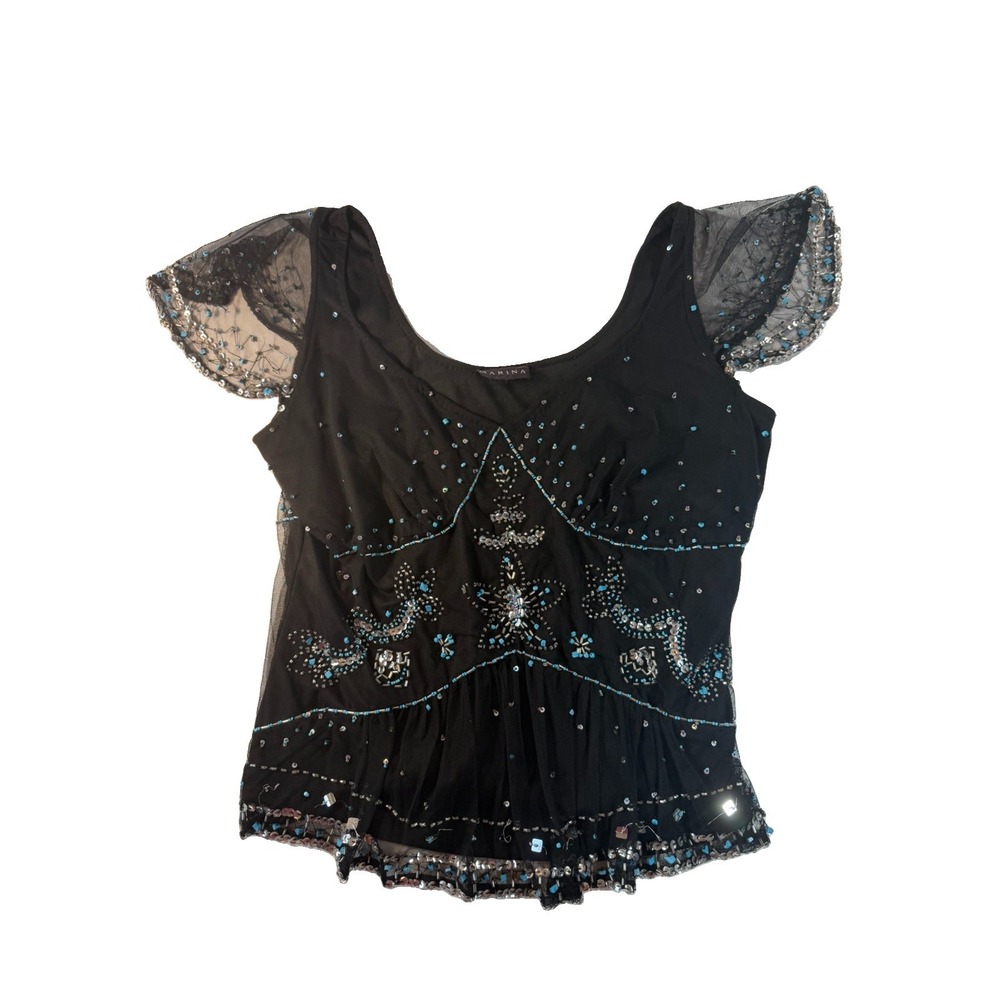Vintage Marina Black Beaded Sequin Mesh Blouse Top Turquoise Y2K 80s 90s